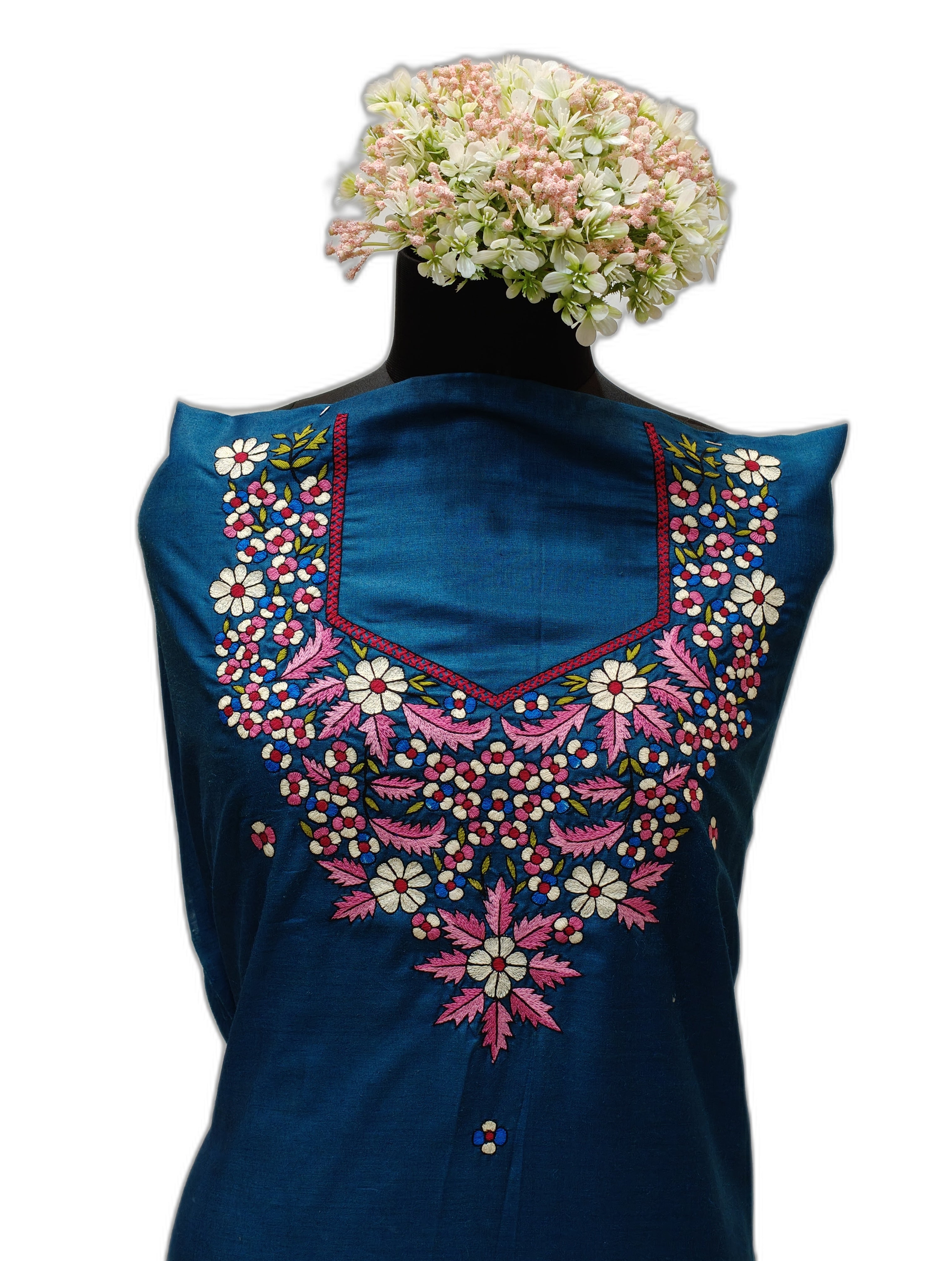 Hand-Embroidered Unstitched Kurti on Tussar Munga Silk – Teal